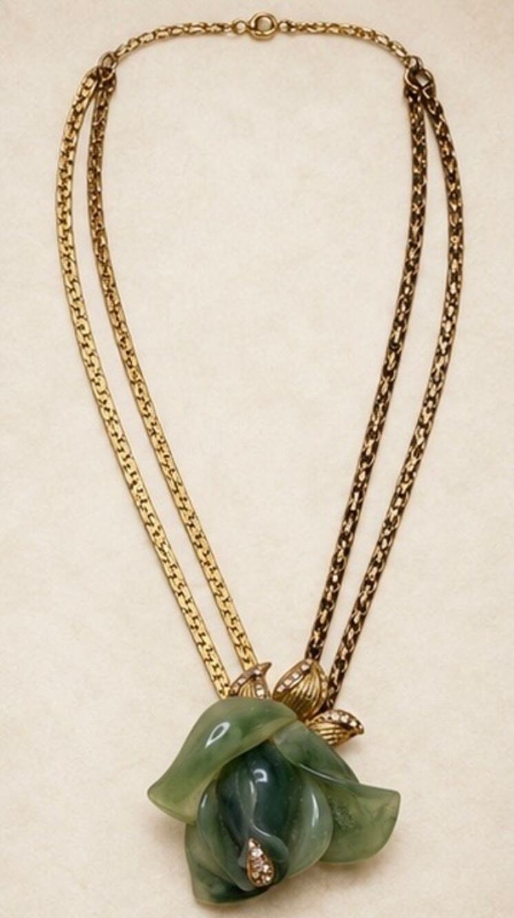 Vintage 1980s Faux Jade Flower Rhinestone Double Chain Necklace